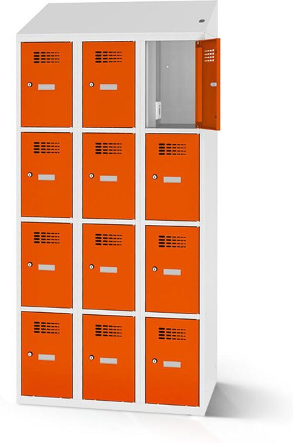 rotstahl Fächerschrank mit 12 Fächern und Ladefunktion, Farbe Orange, Korpus Lichtgrau, B: 120 cm, H: 200 cm - Bild 1
