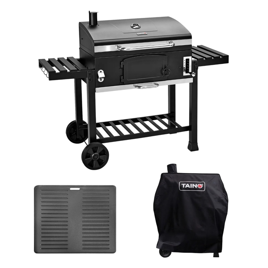 Taino Hero XXL Smoker Set Holzkohlegrill in Schwarz mit Grillplatte aus Gusseisen und Haube - Bild 2
