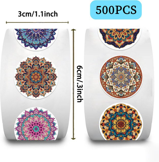 YourLife Store Washi-Siegelaufkleber mit Mandala-Muster in Multicolour, 500 Stück pro Rolle, Boho-Dekor für Tagebuch und Umschläge - Bild 1