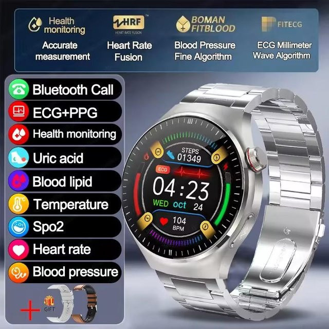 Lucky Start Smartwatch mit EKG und PPG zur Körperüberwachung, Herzfrequenzmessung und Bluetooth-Anruffunktion, Farbe: Silber, kompatibel mit Android und iOS - Bild 1