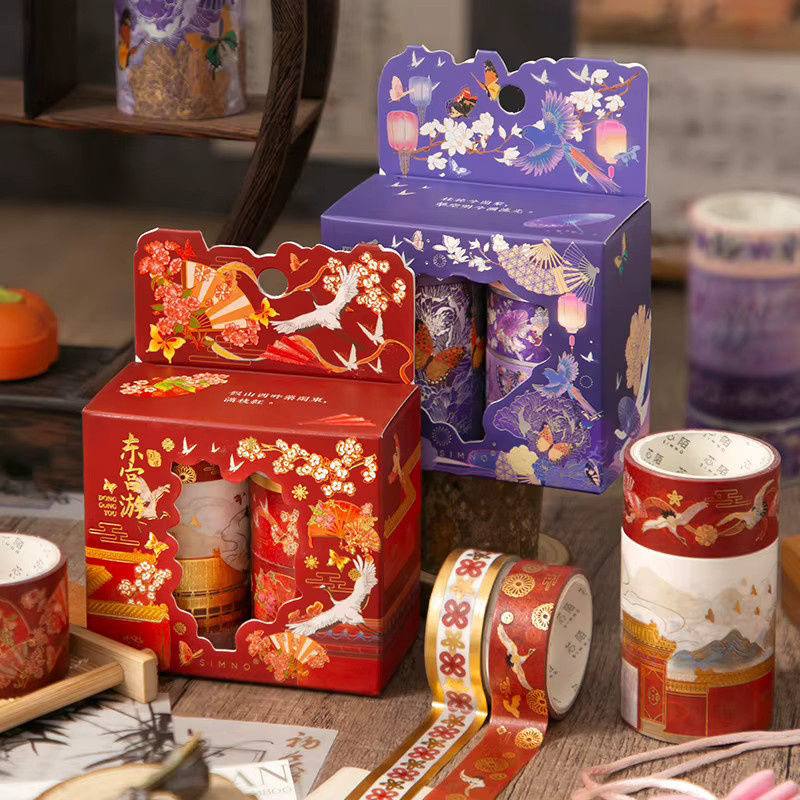 5er Set dekorative Papierrollen im chinesischen Retro-Stil mit Landschaftsmotiven und Bronzing-Effekt - Bild 2