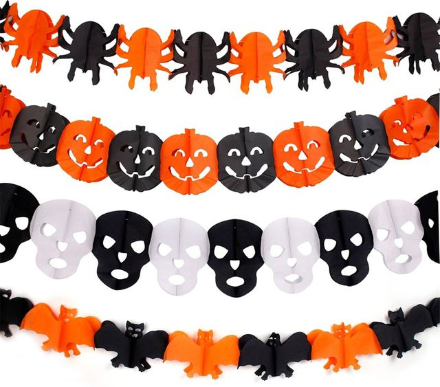 AFYPRTY Halloween Papierbanner Girlande mit Spinne, Kürbis, Geist und Fledermaus in Orange zur Partydekoration - Bild 1