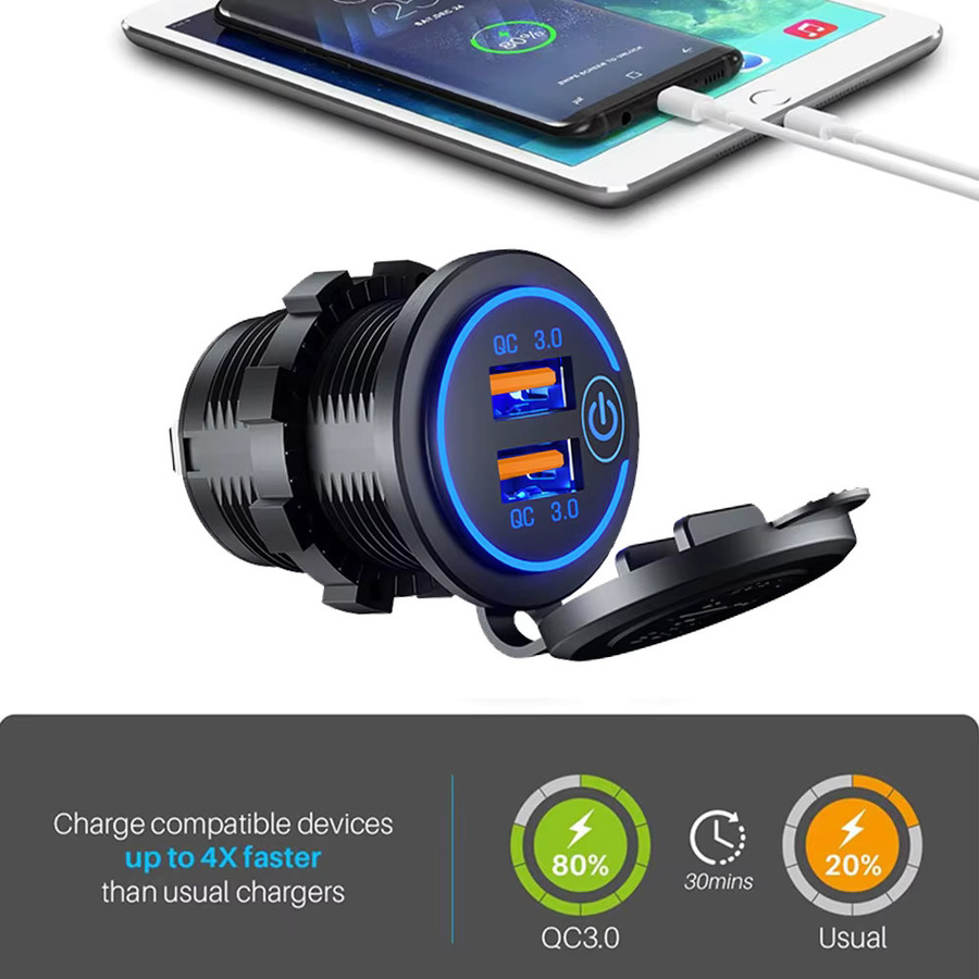 kebidumei Dual QC 3.0 Auto Ladegerät Buchse mit USB-C, Wasserdicht, Schwarz, 12/24V für Auto, Motorrad und Boot - Bild 6