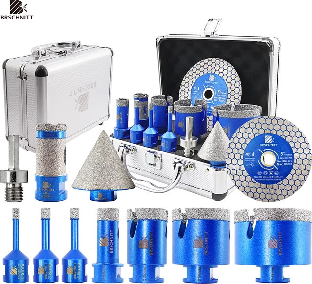 BRSCHNITT 11-teiliges Bohrer-Set mit Lochsägen und Fasenfräsern in Blau für Fliesen, Granit, Marmor und Stein mit M14 Gewinde - Bild 1