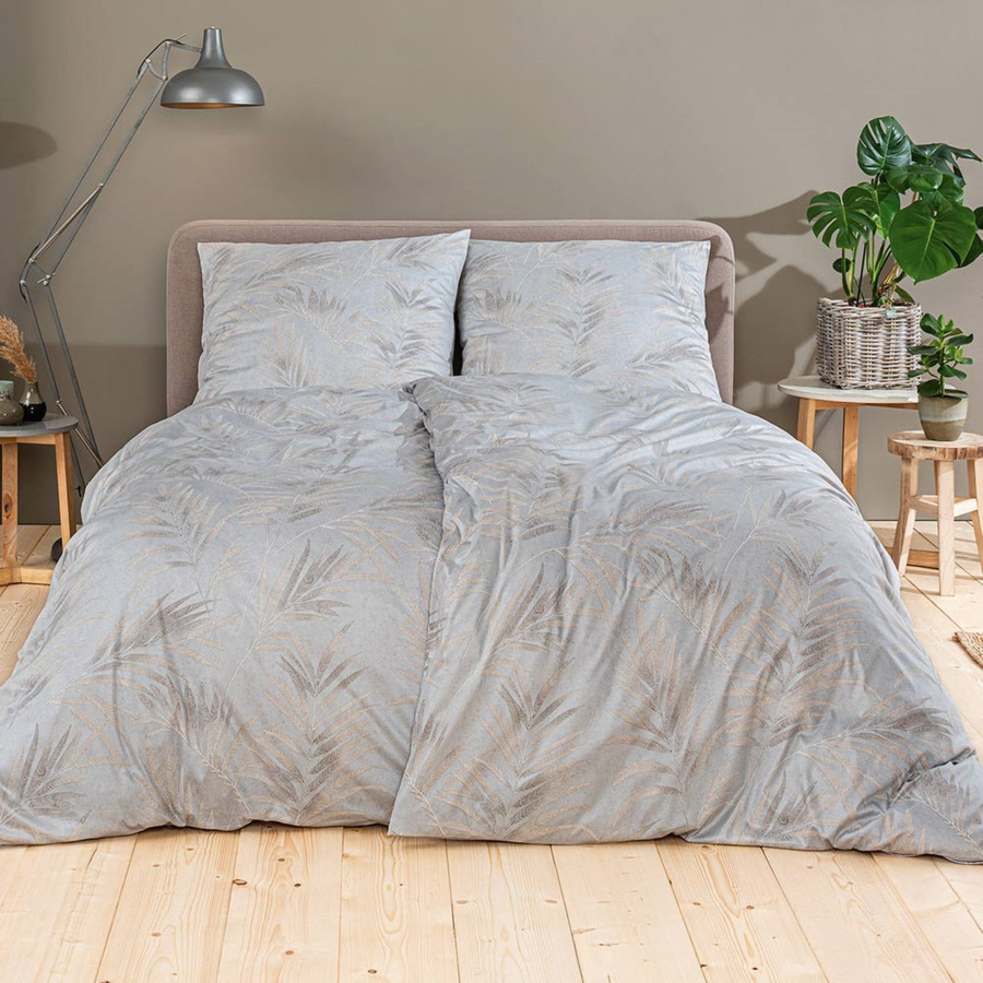 Estella Mako Jersey Bettwäsche Keno Natur Silber Farn Blätter mit Bettbezug und Kissenbezug, Farbe: Natur/Silber, B/H: 135 x 200 cm, Kissen: 80 x 80 cm - Bild 1