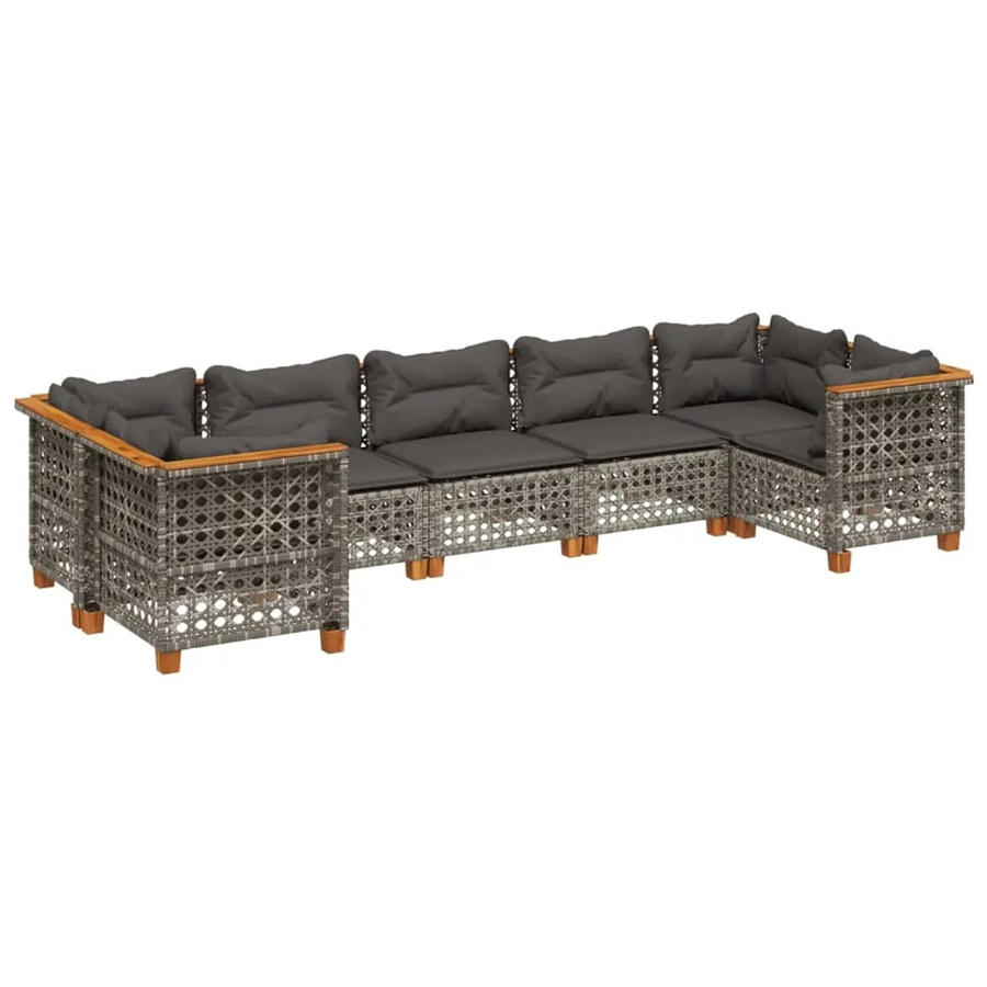 vidaXL 7-tlg Garten-Sofagarnitur in L-Form aus Polyrattan und Akazienholz mit Kissen, Grau - Bild 2