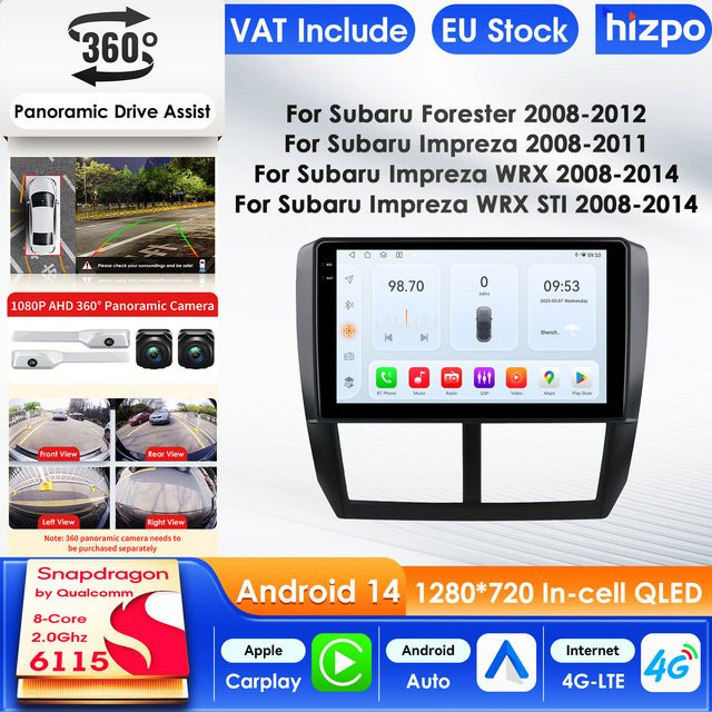 Hizpo Android 14 Autoradio mit Carplay, 4G AI System und GPS für Subaru Forester 3 SH (2007-2013) und Impreza, Multimedia Video Player in Schwarz - Bild 1