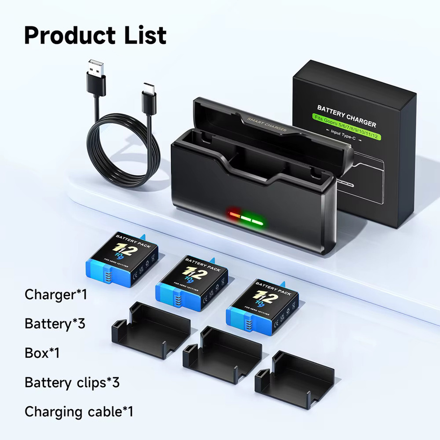 GoPro Ersatzakku-Set für Hero 12 11 10 9 mit 2000mAh Akku und 3-Slot-LED-USB-Schnellladegerät in Schwarz - Bild 8