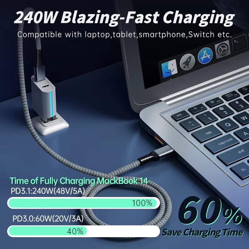 BSN USB4-Kabel in Grau mit 40 Gbit/s Datenübertragung, 240 W Schnellladung und Unterstützung für 8K, 6K sowie Dual 4K Video, kompatibel mit Thunderbolt 3/4, Laptop, Mac Studio und Hub - Bild 5