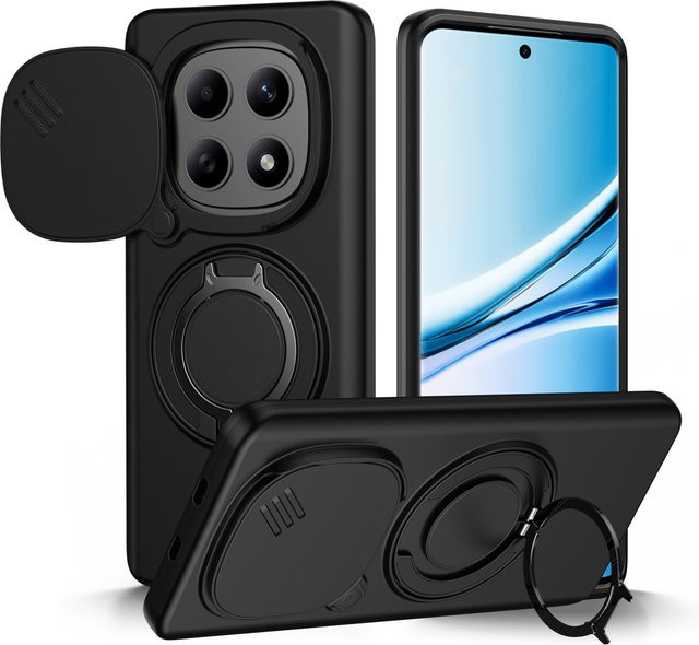 Stoßfeste Schutzhülle für Xiaomi Redmi Note 15 4G und Redmi Note 15 Pro Plus 5G mit Schiebe-Kameraabdeckung und Metallringständer in Schwarz oder Rot - Bild 1