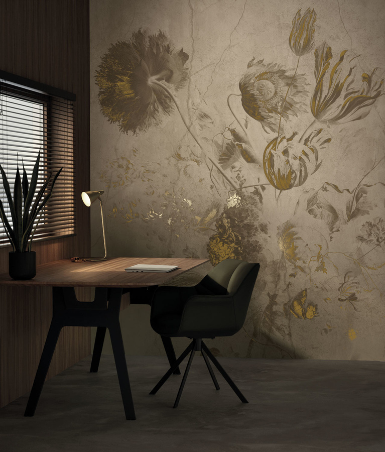 KEK Amsterdam Mural Fresco Flowers Uyterlinde Wandtattoo in Beige und Gold mit floralem Vintage-Design, Breite: 195 cm - Bild 1