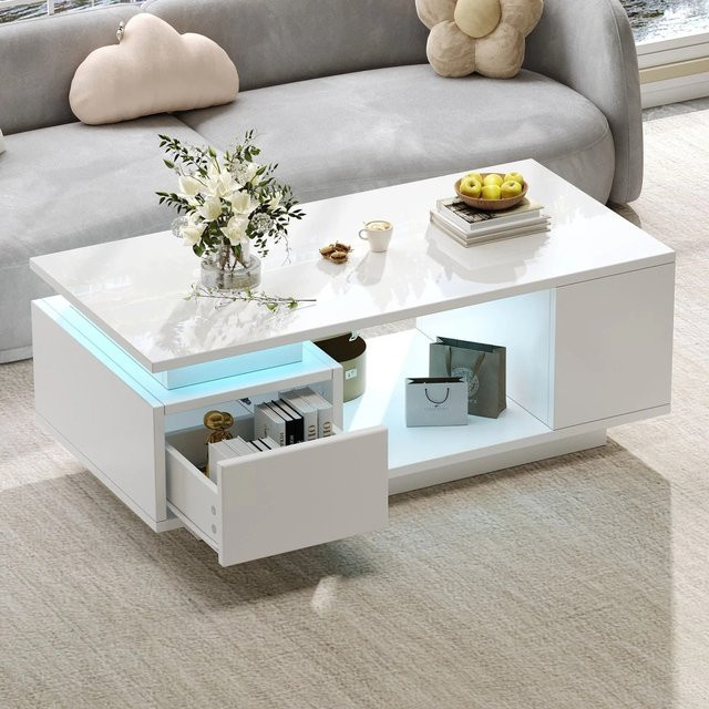 Merax Couchtisch in Weiß mit Hochglanz-Finish, LED-Schublade und 4 Ablagefächern, B/T/H: 100 x 50 x 36 cm - Bild 1
