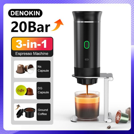 DENOKIN 3-in-1 Tragbare Espressomaschine für unterwegs und zu Hause, Drahtlose elektrische Reise-Kaffeemaschine für Kapseln und Pulver, Grau/Schwarz