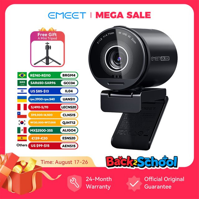 EMEET S800 4K UHD Webcam mit Sony-Sensor, HDR und zwei Mikrofonen mit Geräuschunterdrückung, Schwarz - Bild 1