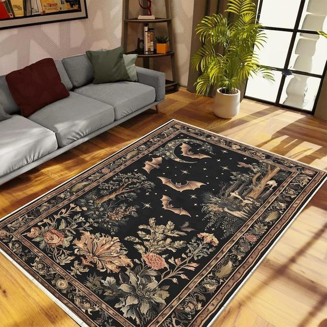 Karpetti Gothic Teppich mit Fledermaus und Wald Design in Schwarz, B/T: 60 x 90 cm - Bild 1