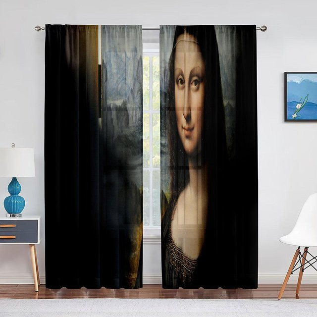 Transparenter Tüllvorhang mit Mona Lisa und Kätzchen-Motiv in Multicolour, Chiffon-Vorhang mit Ösen, Breite: 100 cm, Höhe: 250 cm - Bild 1