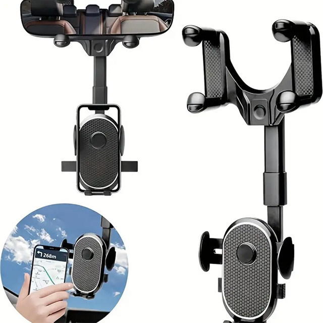 DUTRIEUX Rückspiegel-Handyhalterung fürs Auto mit 360 Grad drehbarem und teleskopierbarem Arm, universeller Clip-On-Halter für Smartphones, Schwarz - Bild 1