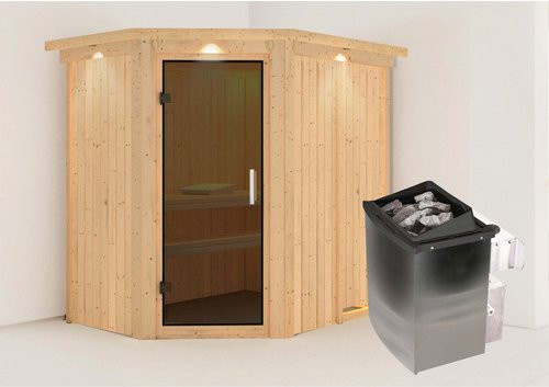 Karibu Sauna Vijandi in Beige mit 9 kW Saunaofen und integrierter Steuerung für 3 Personen, B/T/H: 210 x 165 x 202 cm - Bild 1