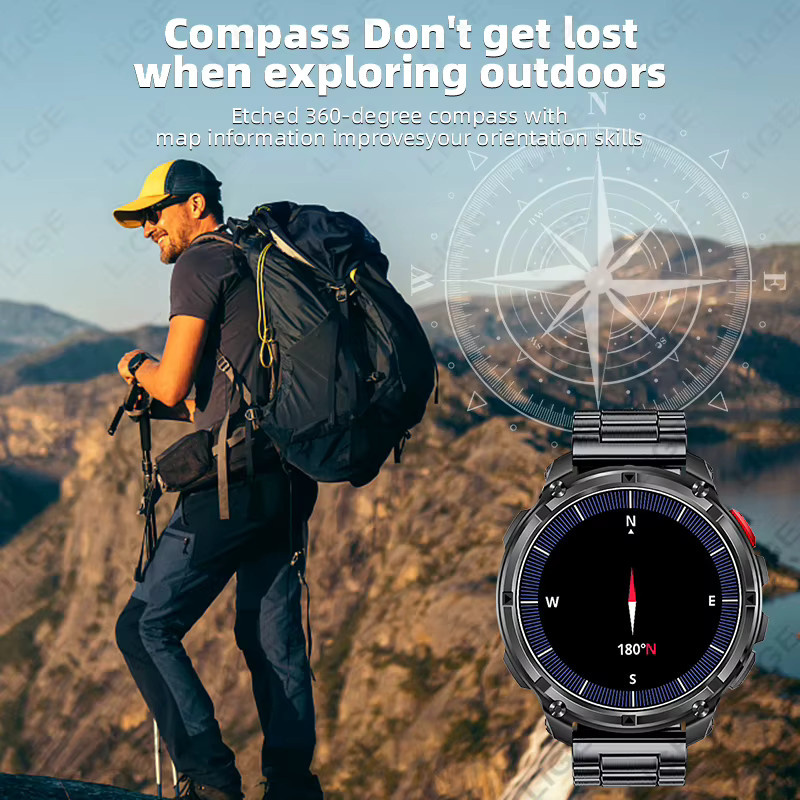 LIGE Smartwatch für Herren mit 1,7 Zoll HD-Display, 1100 mAh Akku, Kompass, LED-Licht, Sprachassistent und Bluetooth-Telefonie in Schwarz oder Blau - Bild 3