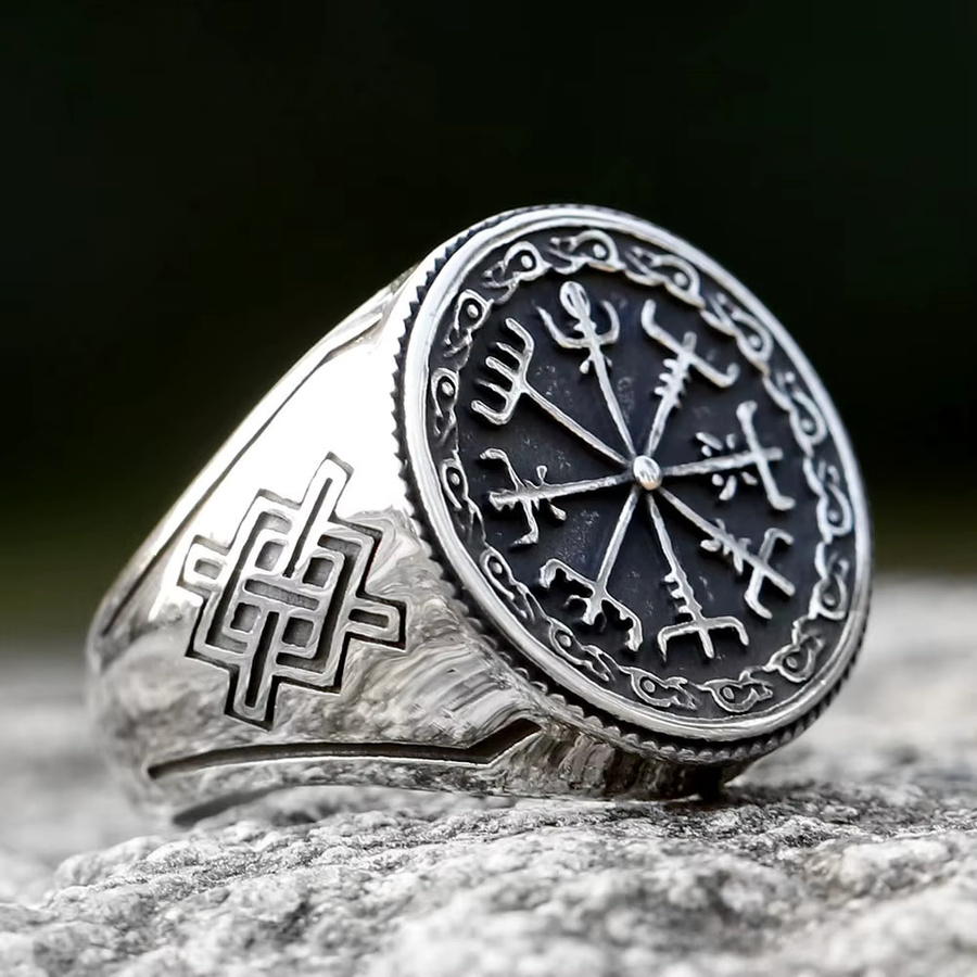 Herren-Ring 316L-Edelstahl, Wikinger-Vegvisir-Motiv, Silber - Bild 2