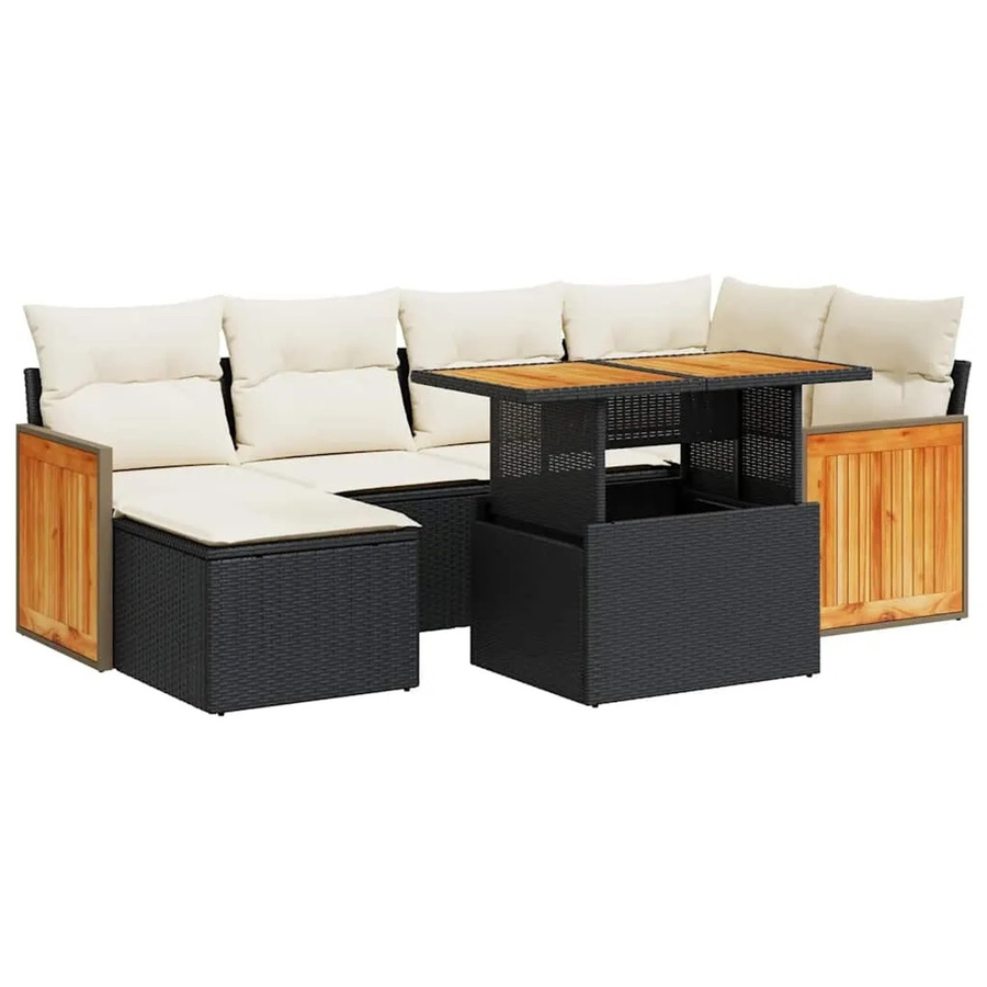 vidaXL 7-teilige Garten-Sofagarnitur aus Poly-Rattan und Akazienholz in Schwarz-Creme mit Kissen - Bild 2