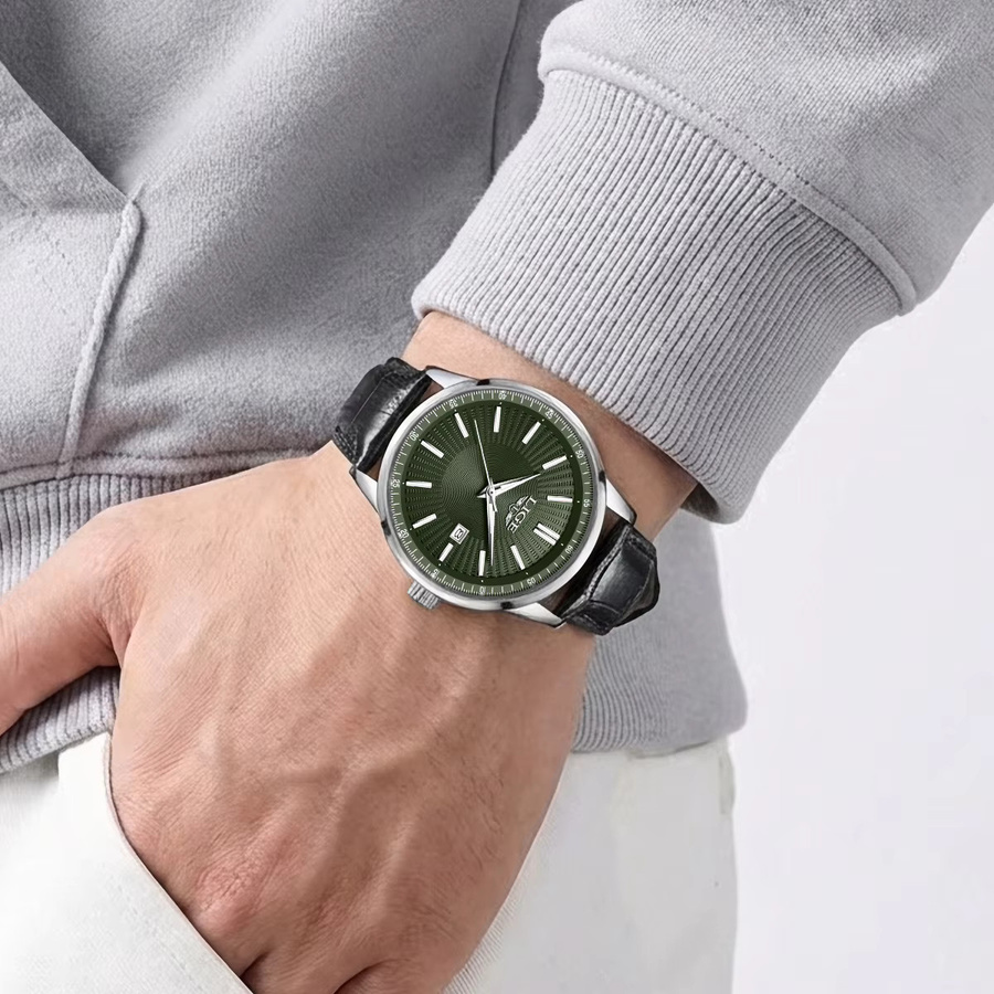 LIGE Armbanduhr Quarz, Lederarmband, Datum, Herren, Schwarz, Grün - Bild 6