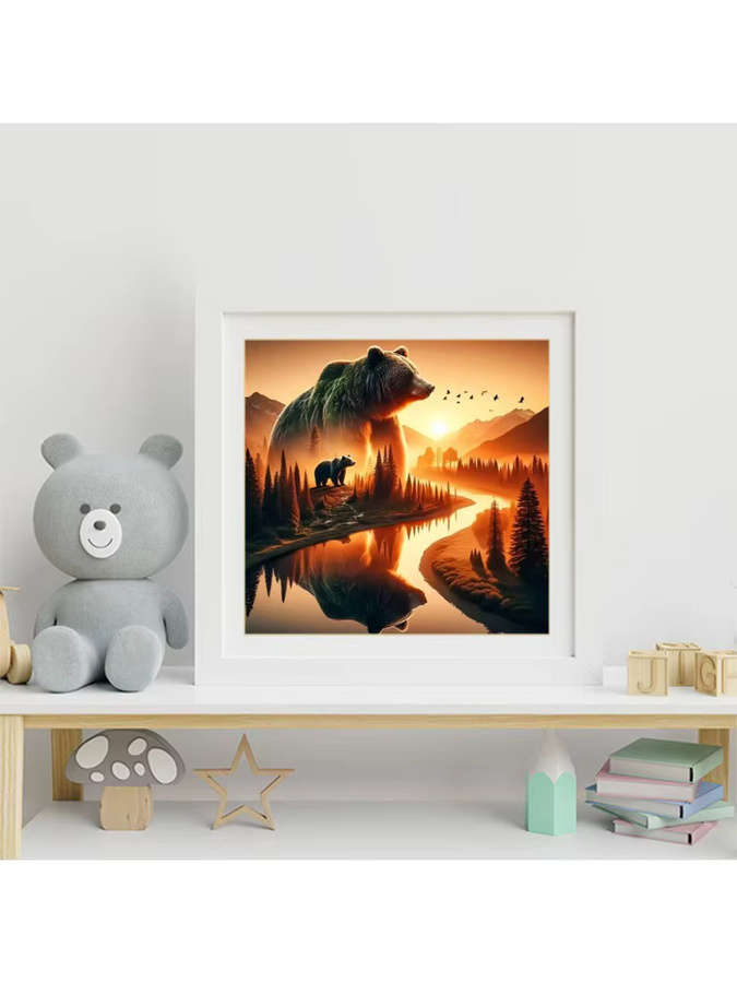 Momoart 5D Diamant-Stickerei Bär Tierbild Sonnenuntergang mit runden Diamanten als DIY Wanddekoration, Mehrfarbig, Breite: 20 cm, Höhe: 20 cm - Bild 3