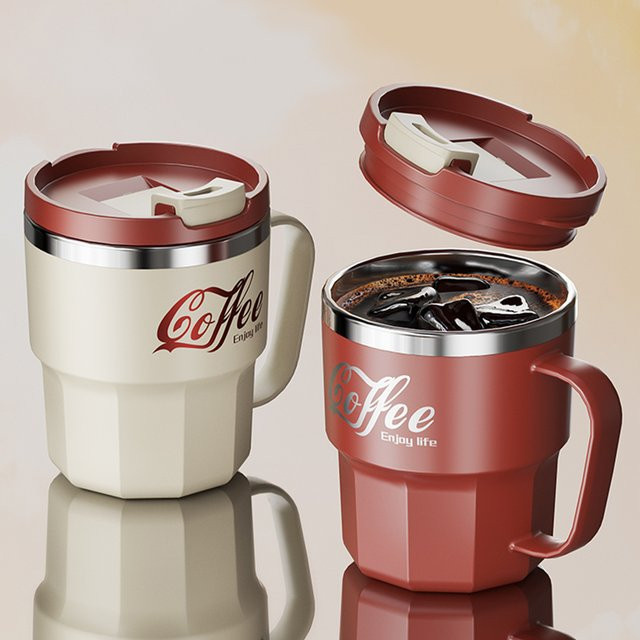 WORTHBUY Kaffeetasse aus doppelwandigem 304 Edelstahl mit Deckel und Griff, isolierter Teebecher und Milchbecher - Bild 1