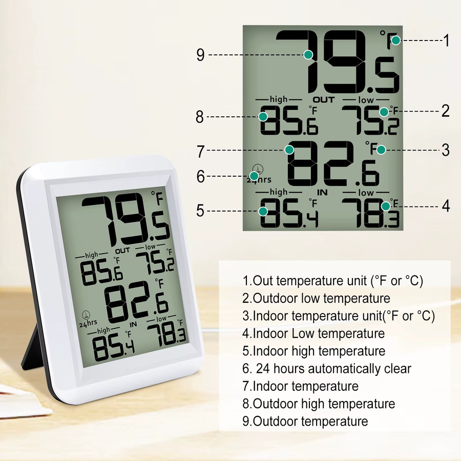 Urageuxy Indoor Outdoor Thermometer mit Max/Min Record, wasserdichtes Kabel für Zuhause, Kühlschrank oder Aquarium, Wand- und Tischmontage, Farbe: Weiß - Bild 3