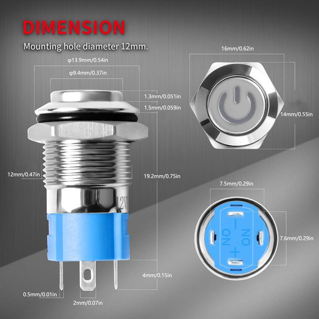 AOKIN Drucktastenschalter aus Edelstahl mit Power-Symbol-Muster, wasserdicht nach IP65, rot, 12/16 mm - Bild 1