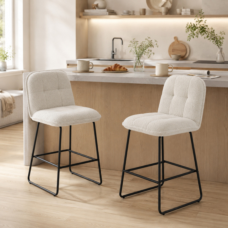 HOMCOM Set mit 2 Barhockern aus Bouclé-Stoff in Creme, gepolsterte Barstühle mit Rückenlehne und Fußstütze, Metallgestell, Sitzhöhe: 66 cm - Bild 2