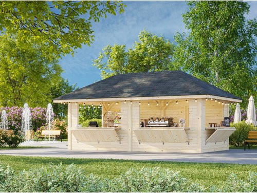 PALMAKO Marktstand Bianca Set 112 aus Fichtenholz in Braun mit Pyramidendach, B/T/H: 588 x 300 x 319 cm - Bild 1