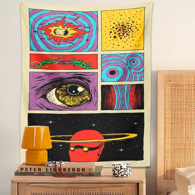 VIKAMA Wandteppich im Retro-Pop-Stil mit psychedelischer Collage, Universum- und Augenmotiv, Mehrfarbig, B: 60 cm, H: 40 cm - Bild 1
