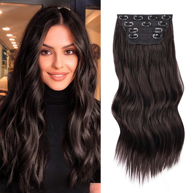 JIAMEISI Haarverlängerung Clip-in, synthetisch, gewellt, dunkelbraun, 4 Stück, Damen - Bild 1