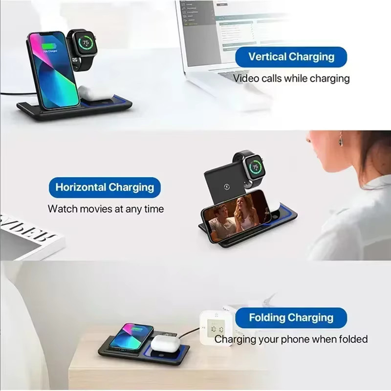 3-in-1 kabelloses Ladegerät mit LED-Licht und faltbarem Telefonständer für Apple iPhone, Apple Watch und AirPods in Schwarz - Bild 4
