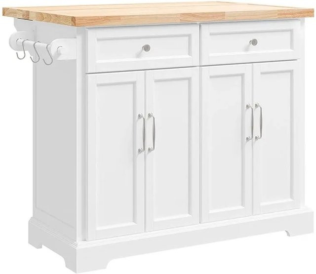 SoBuy Kücheninsel mit ausziehbarer Arbeitsplatte aus Kiefer, Sideboard mit Rollen, Weiß, B/T/H: 115 x 92 x 71 cm - Bild 1