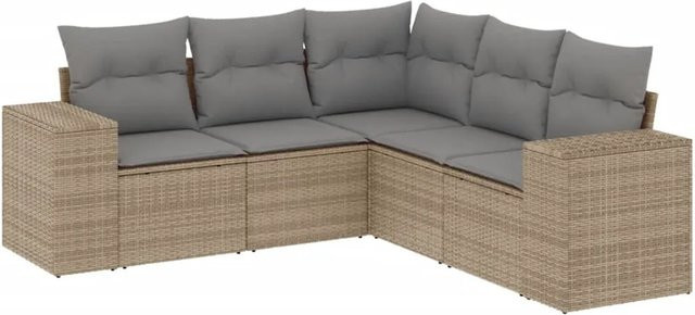 vidaXL 5-tlg Garten-Sofagarnitur in L-Form mit Kissen, Beige/Grau, Poly-Rattan und Metallgestell - Bild 1