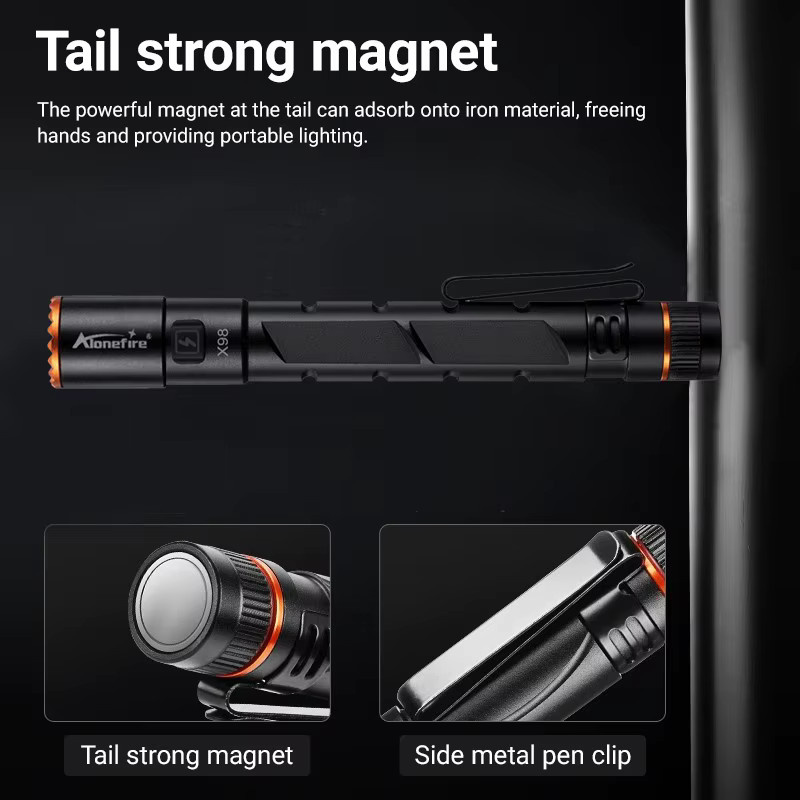 Alonefire Zoom Mini EDC Stiftlicht Taschenlampe mit LED, USB wiederaufladbar und Magnet, Schwarz - Bild 3