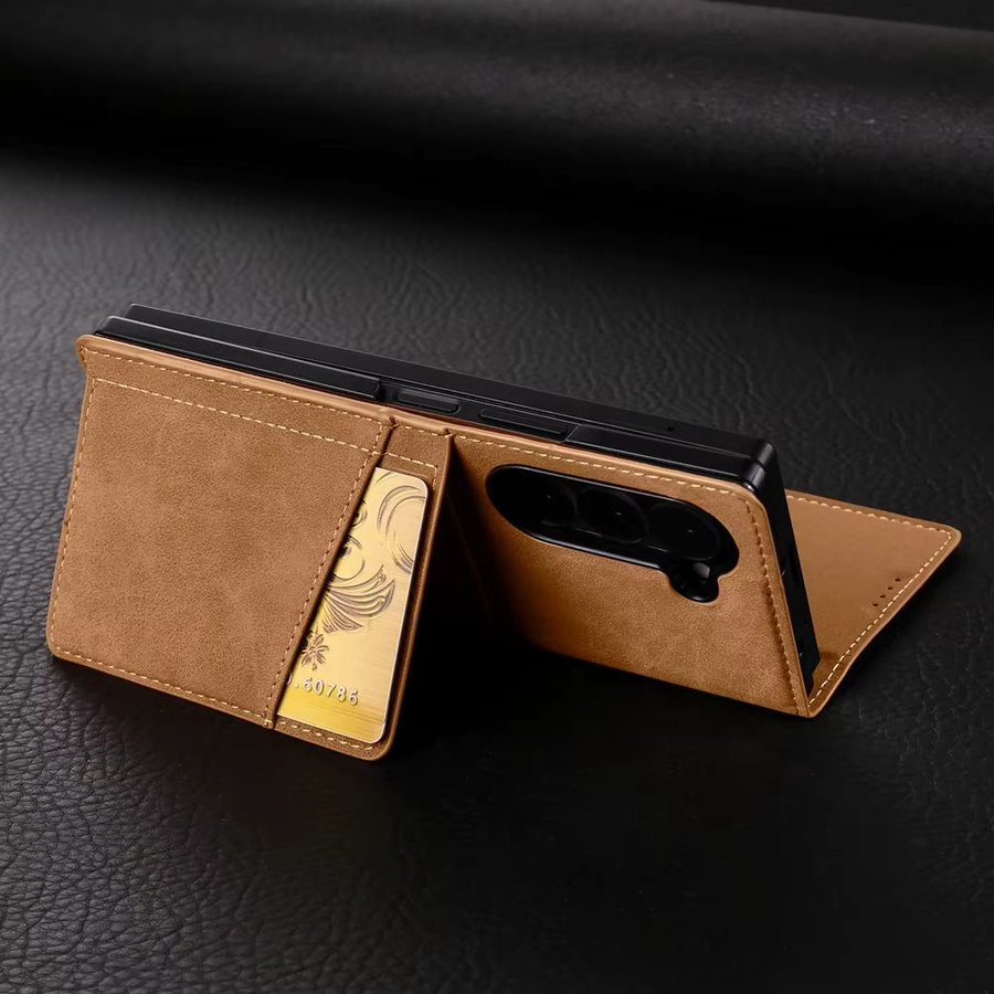 Lederhandyhülle für Samsung Galaxy Z Fold 7 6 5 4 3 mit Kartenhalter und Ständer in Grau - Bild 3