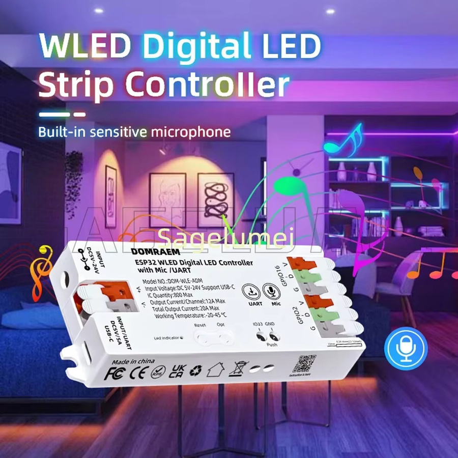 DOMRAEM WLED Digitaler LED-Controller ESP8266/ESP32 mit Mikrofon und UART, WiFi Remote, USB-C, Weiß - Bild 1