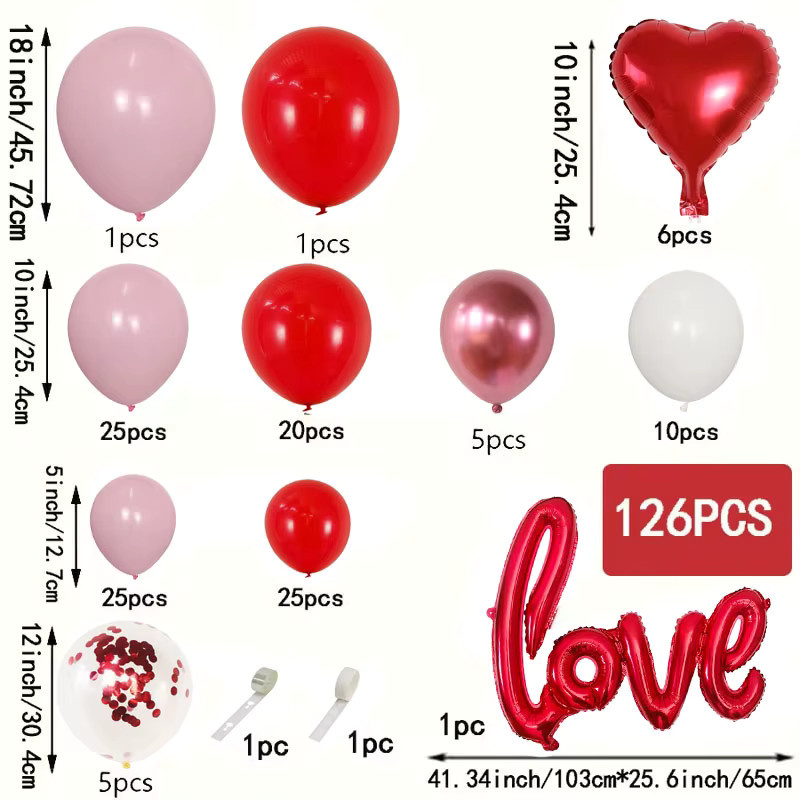 126-teiliges Ballon-Bogen-Girlanden-Set für Valentinstag, Hochzeit und Verlobung in Rot mit Herz-Motiven - Bild 3