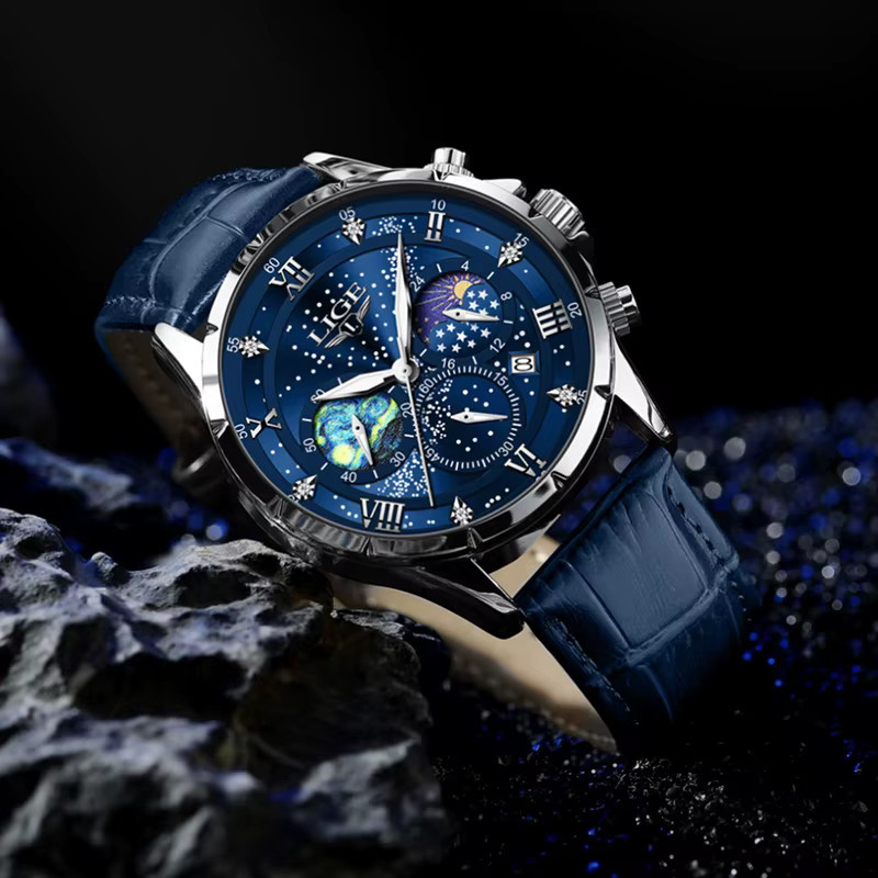 Lige Armbanduhr Chronograph, Mondphase, blau, Leder, Herren - Bild 2