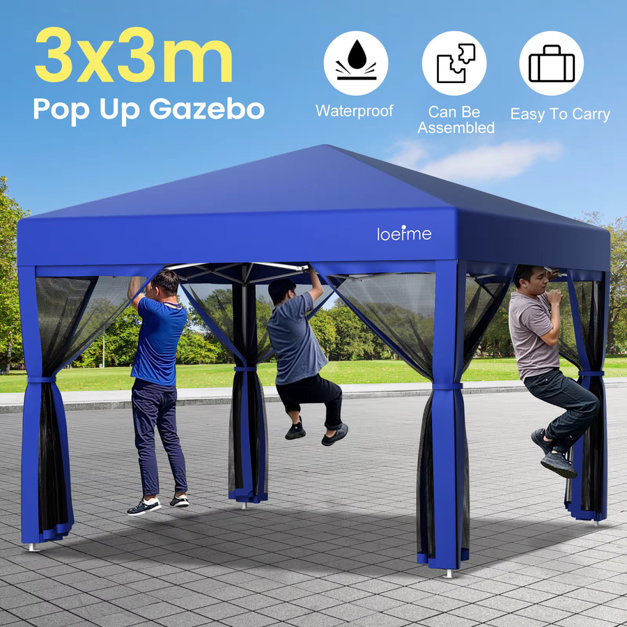 LOEFME Pop-Up Pavillon mit Moskitonetz in Blau, wasserdichtes Zelt mit UV-Schutz für Camping, Terrasse und Garten, B/T: 300 x 300 cm - Bild 2