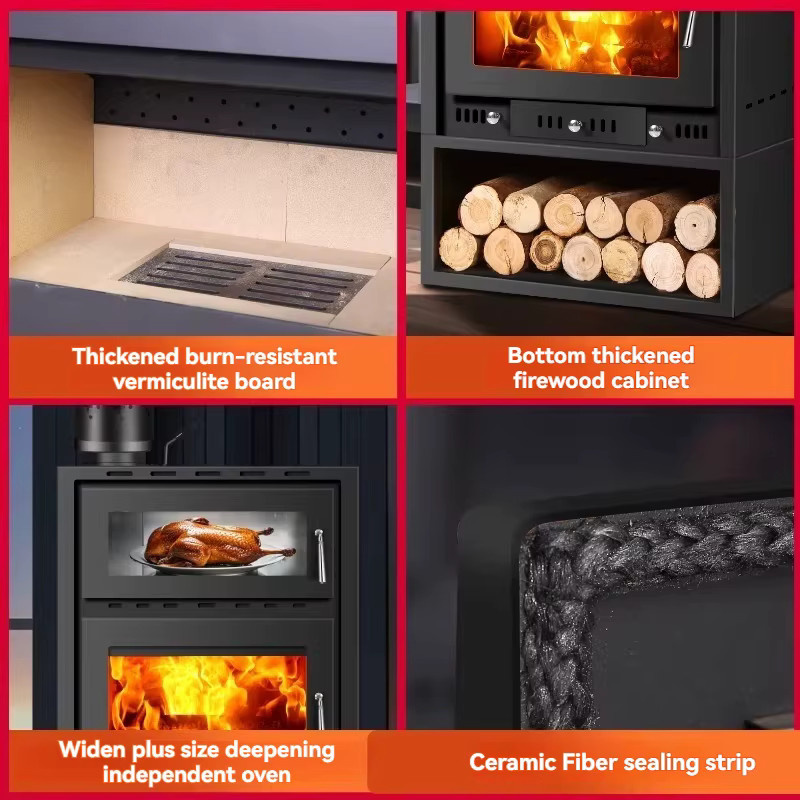 YunlinLi Gusseisen-Kaminofen mit Backofen und Hochtemperaturglas in Schwarz für Innenräume von 30-60 m2 - Bild 4