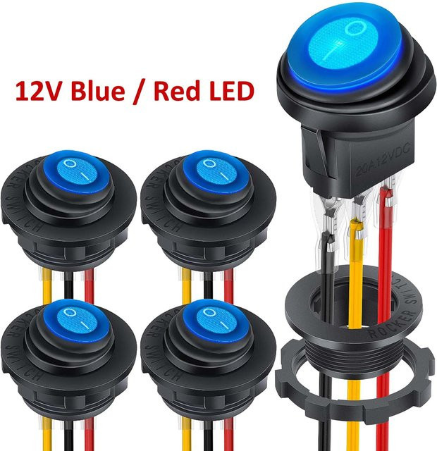 Daiertek 5er Set Wasserdichte runde Wippschalter mit Gehäuse, 12V LED-Wippschalter beleuchtet, EIN/Aus, SPST, 3-polig für Wohnmobil und LKW - Bild 1