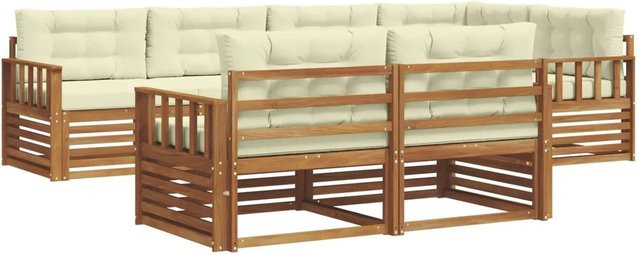 vidaXL Outdoor-Sofagarnitur 7-teilig in L-Form aus Akazienholz mit Kissen, Natur und Creme - Bild 1
