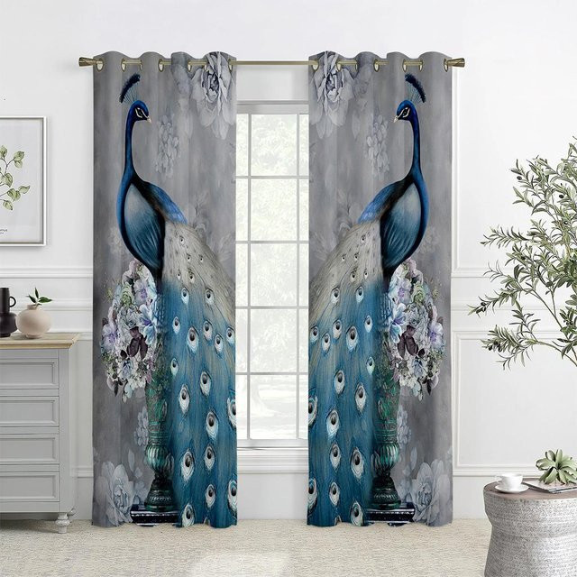 Dekorative Vorhänge im Retro-Stil mit grünem Pfauenmuster und floralem Design, 2er-Set, Breite: 50 cm, Höhe: 140 cm - Bild 1
