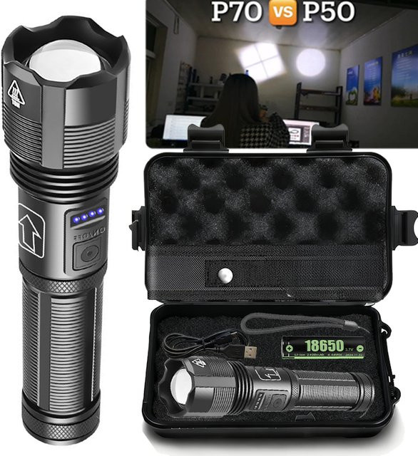 Heinast taktische Taschenlampe aus Aluminiumlegierung mit Teleskop-Zoom, wiederaufladbar, Schwarz - Bild 1