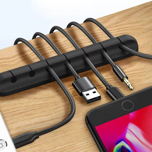 KAFNHCKA Kabel-Organizer aus Silikon mit selbstklebendem Management-Clip für USB-Ladekabel, Mauskabel, Tastaturkabel und Headset-Kabel in Schwarz oder Weiß - Bild 1