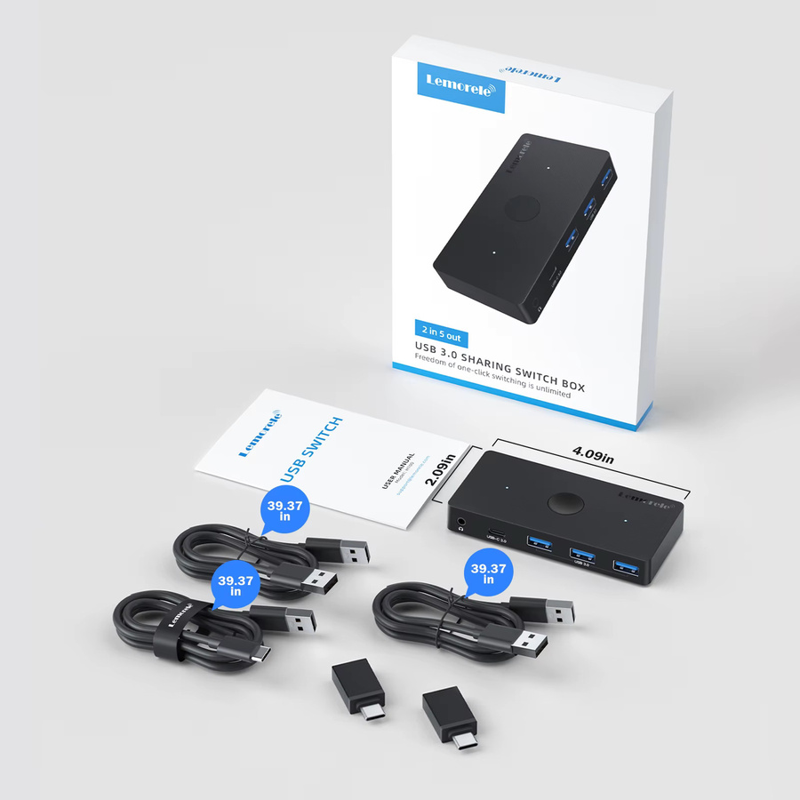 Lemorele USB 3.0 Switch 2 in 5 out Umschalter für Windows Laptop und PC in Schwarz zur Steuerung von Tastatur, Maus und Drucker für 2 PCs und 3 Geräte - Bild 6